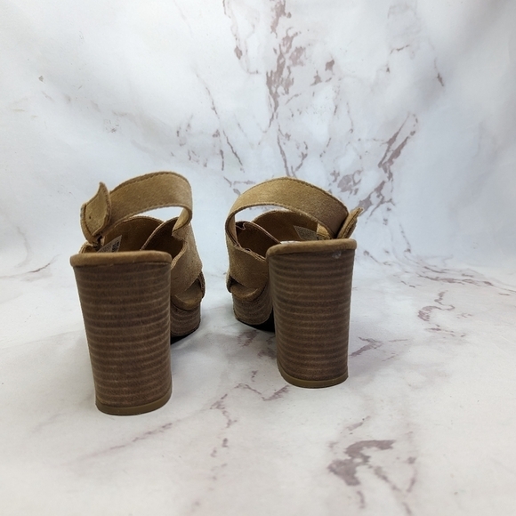 Toms Sandal Womens 9 Platform Ibiza Slingback Heels Shoe Brown Tan Suede Cross - Picture 4 of 13